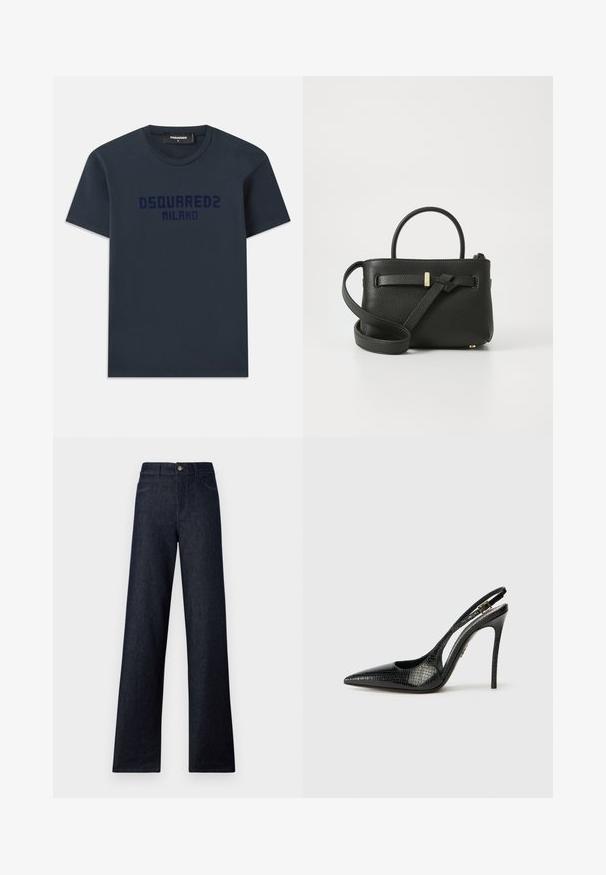 Mörkblå bomullst-shirt med korta ärmar, rund halsringning och "DSQUARED2 MILANO"-logotyp tryckt i mörkblått över bröstet.; Mörka denim jeans med hög midja och vida ben, med fem fickor, knappstängning och kontrasterande sömmar. Slät yta utan mönster.; Svart slingback-pump med spetsig tå, texturerat ormskinnsmönster, stilettklack och en dekorativ spänne på remmen.; Svart läderhandväska med texturerad yta, topphandtag och en lång justerbar axelrem. Utrustad med en guldfärgad metalldetalj på framsidan.
