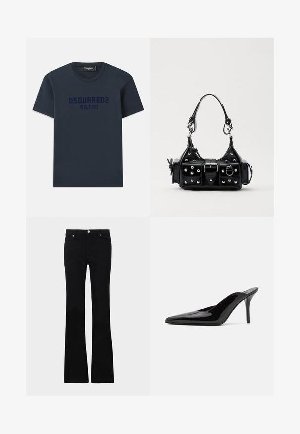 Navyblauw katoenen T-shirt met korte mouwen, ronde halslijn en het logo "DSQUARED2 MILANO" in donkerblauw gedrukt over de borst.; Zwarte flared jeans van denim, met twee voorzakken, een knoopsluiting en een gladde textuur. Kenmerkende stiksels zichtbaar bij de naden.; Zwarte gepatineerde leren hoge hak muiltjes met een spitse neus en een slanke silhouet, met een open achterkant en een slanke stilettohak.; Zwarte lederen handtas met een gebogen ontwerp, voorzien van zilveren studs, een gesp en twee zijvakken. Verstelbare schouderband voor verschillende draagmogelijkheden.