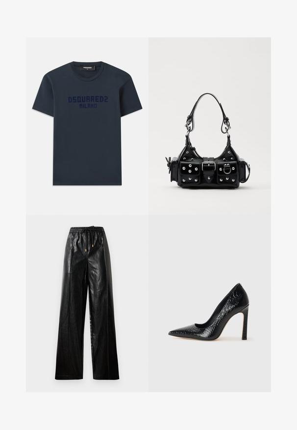 Navyblauw katoenen T-shirt met korte mouwen, ronde halslijn en het logo "DSQUARED2 MILANO" in donkerblauw gedrukt over de borst.; Zwarte leren wijde broek met een elastische tailleband, koord, en gouden hardware accenten. Heeft een gladde textuur en een losse pasvorm.; Zwarte puntige hoge hak schoen met een krokodillenleren textuur, met een slank ontwerp, hoge stiletto-hak, en een gladde zwarte binnenkant.; Zwarte lederen handtas met een gebogen ontwerp, voorzien van zilveren studs, een gesp en twee zijvakken. Verstelbare schouderband voor verschillende draagmogelijkheden.