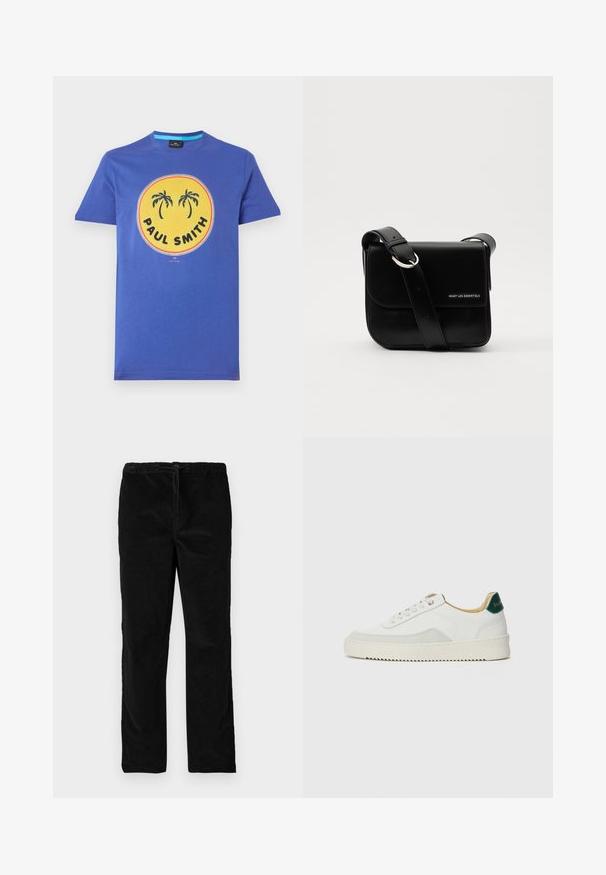 Kokvilnas T-krekls ar apaļu kaklu, spilgti zilā krāsā, ar apļa dzelteno grafiku, kas attēlo palmas un uzrakstu "PAUL SMITH". Īsas piedurknes, parasts piegriezums.; Melnas taisnas kājas samta bikses ar elastīgu jostasvietu un priekšējo auklu, attēlotas uz vienkārša balta fona.; Baltas sneakers ar zamša akcentiem, noapaļota purngala, plakaniem auklām un krēmkrāsas gumijas zoli. Ar zaļu zīmolu uz papēža.; WANT Les Essentiels ARCH CROSSBODY UNISEX - Soma ar siksnu pāri ķermenim - black