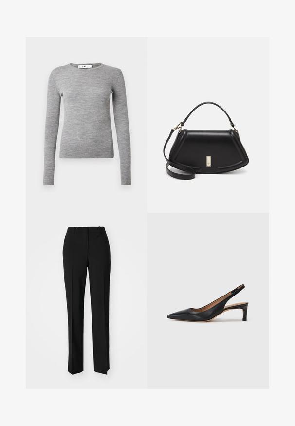 Grijze langärmed ribbeltrui met een ronde halslijn en een aansluitend ontwerp. Gemaakt van een zachte, gestructureerde stof met een smalle silhoutte.; Zwarte op maat gemaakte broek met een recht model, voorzien van een soepele textuur en scherpe plooien aan de voorkant. Geen zichtbare hardware.; Zwarte leren slingback pump met een puntige neus, lage hak en een gladde textuur. Beschikt over een dunne verstelbare band voor een veilige pasvorm.; Zwarte leren handtas met een gestructureerd ontwerp, featuring een verkorte vorm, bovenhandvat en gouden hardwareaccent. Inclusief verstelbare schouderband.