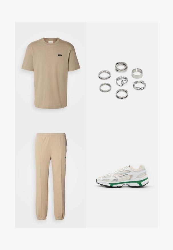 Calvin Klein T-shirt básica - brindle; Lacoste Calças de fato de treino - viennese; Sapatilha branca com detalhes verdes e sola de borracha preta. Apresenta painéis em malha e sintéticos, com um acabamento texturizado e costura visível.; Conjunto de sete anéis de prata com vários designs, incluindo padrões torcidos, entrelaçados e gravados. Diferentes formas e larguras.