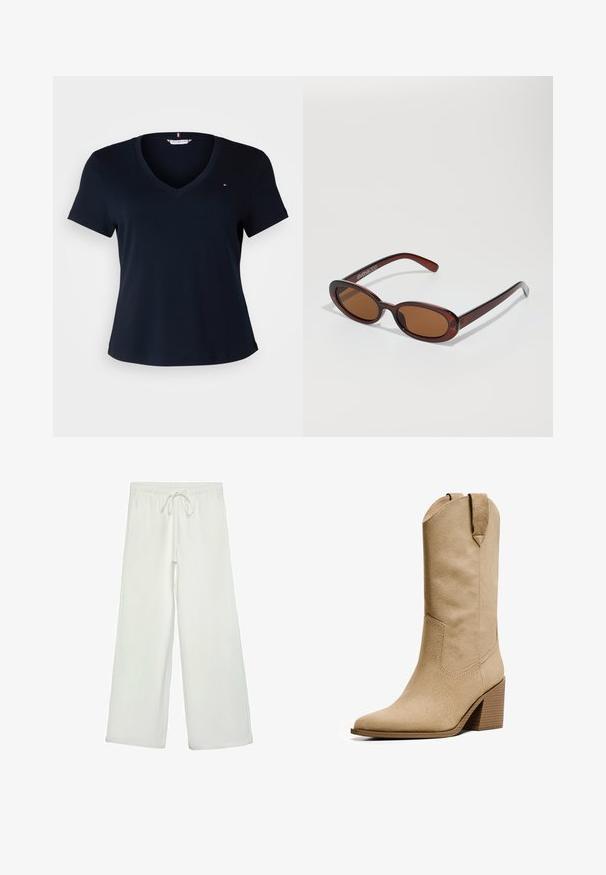Tommy Hilfiger Curve SLIM CODY - T-Shirt basic - desert sky; Weißes Leinenoberteil mit verstellbaren Trägern und einem tiefen V-Ausschnitt. Mit Rüschendetails an der Brust, lockerem Schnitt und Kordelzugsaum.; Weiße, weit geschnittene Hose aus weichem Stoff. Mit einem elastischen Bund und einem Kordelzug sowie einer glatten Oberfläche. Keine sichtbaren Muster oder Hardware.; Bershka HIGH-HEEL - Cowboy-/Bikerboot - beige; Runde, braun getönte Sonnenbrillen mit einem glänzenden burgunderfarbenen Rahmen. Schlanke Bügel mit dezentem Branding. Flaches Linsendesign.; Navy Blau Wildleder-Handtasche mit einer lässigen Form, breiten Schulterriemen und sichtbarem Steppnähdetail am Körper.