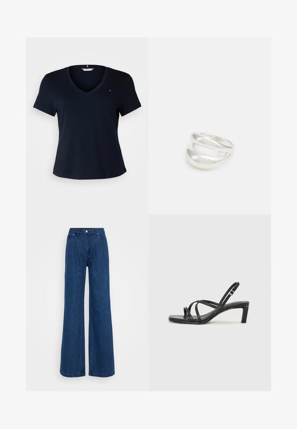 Tommy Hilfiger Curve SLIM CODY - Lihtne T-särk - desert sky; Hallise jalgadega sinised denim püksid kõrge vöökohaga, ees nupuga ja tõmbluku sulguri ning ees ja taga taskutega, lihtsa tausta ees.; Mustast rihmajalatsid ruudukujulise varba ja madala ploki kontsaga. Omab mitmeid õhukesi rihmasid ja reguleeritavat pahkluu rihma. Valmistatud siledast nahast.; Hõbedane kahekordne rõngas sujuva, poleeritud pinnaga. Omab voolavat, kõverat disaini, millel on kattuvad sektsioonid, et saavutada kaasaegne ilme.