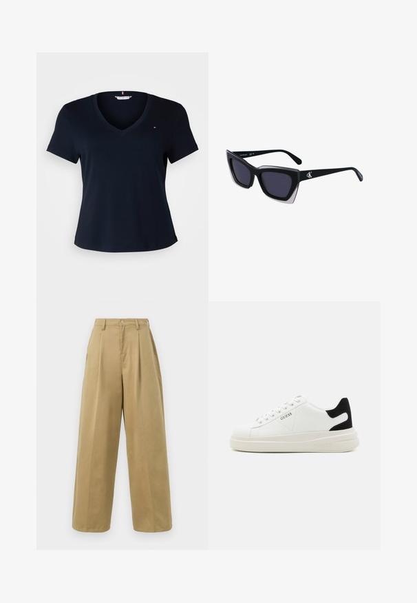 Tommy Hilfiger Curve SLIM CODY - Lihtne T-särk - desert sky; Khaki värvi laiad püksid, mis on valmistatud puuvilla ja sünteetiliste kiudude segust. Pükstel on sirge esiosa, voldid, nööbikinnitus ja sile viimistlus.; Valged nahast tennisetossud paksu valge tallaga, musta sametist kontsakeeuga ja külje peal riigilogo reljeefne kujundus. Lukkeskeem kuue silmaauguga.; Mustad suured mustad prillid geomeetrilise kujuga, tumedate läätsedega ja kontrastse halli detailiga raamidel. Logo käe peal.