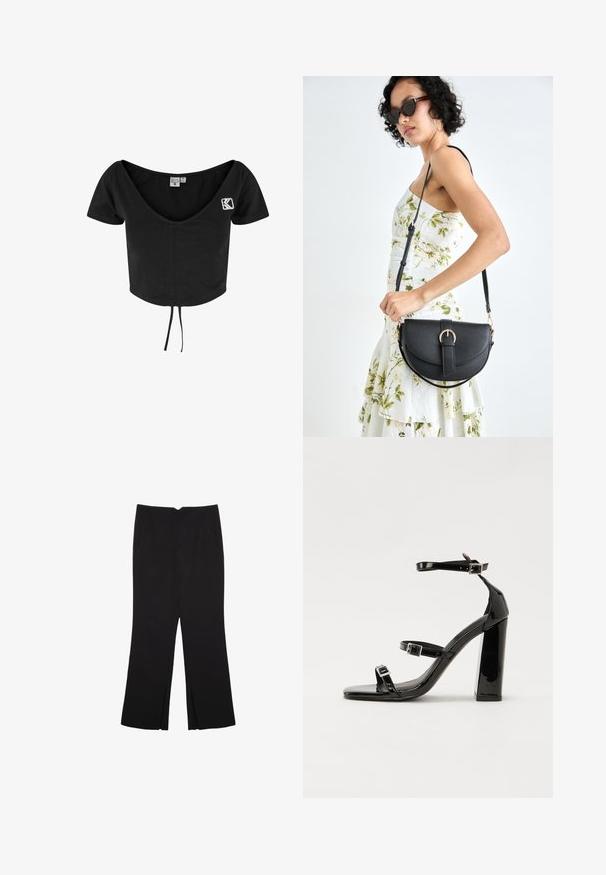 Černé zkrácené tričko s krátkým rukávem, hlubokým V-výstřihem, šňůrkou na lemu a bílým vyšitým logem na levé straně.; Černé kalhoty s rovným střihem, s předními kapsami a bočními rozparky na lemu. Vyrobené z jemné, hladké tkaniny. Vhodné na různé příležitosti.; Černé lakované sandály na podpatku se čtveratou špičkou, lýtkovými pásky a stříbrnými přezkami. Disponují masivním blokovým podpatkem pro stabilitu.; Černá kožená kabelka s křivkovým tvarem, odnímatelným popruhem a zlatými detaily. Kabelka má klopu s přezkou.