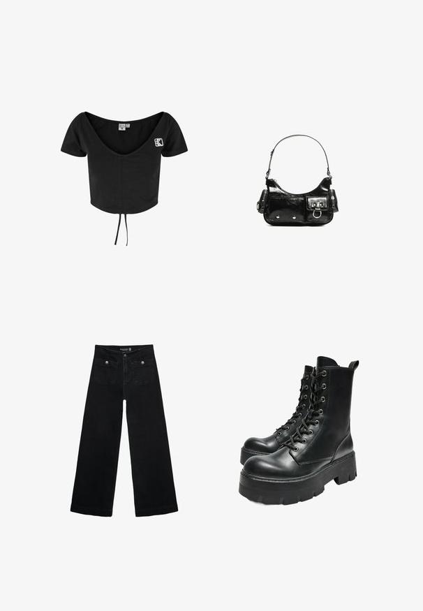 Črna skrajšana majica s kratkimi rokavi, globokim V-izrezom, vrvico pri robu in belim izvezenim logotipom na levi strani.; Črne široke kavbojke z visokim pasom, ki imajo dva sprednja žepa in kovinske gumbi. Tkanina ima gladko teksturo.; Bershka TRACK - Gležnjarji s platformo - black; Črna lakasta usnjena torbica s ukrivljeno obliko, enim ramenskim trakom, sprednjimi žepi in srebrnimi kovinskimi dodatki.