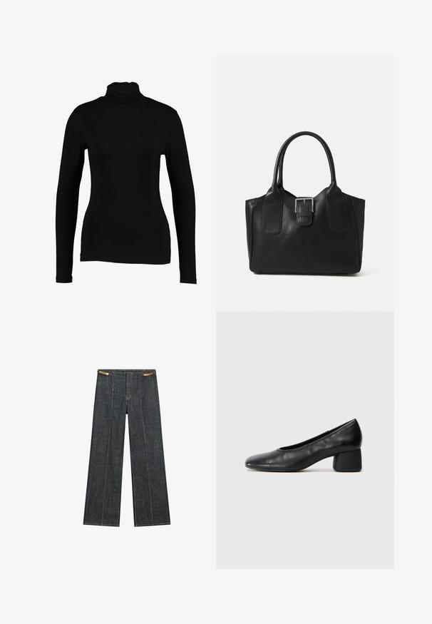 Maglia nera a maniche lunghe con collo alto realizzata in un tessuto morbido, caratterizzata da un design aderente e un collo alto, adatta per essere indossata a strati o da sola.; Pantaloni wide-leg in denim scuro con vita alta. Presenta cuciture a vista, chiusura con bottone e un accento unico in catena in vita.; Pantofole nere in pelle con punta arrotondata e tacco medio a blocco. Texture liscia con dettagli minimi, caratterizzata da un'apertura elastica sottile.; Borsa tote in pelle nera con texture liscia, forma strutturata, due manici e un evidente dettaglio in fibbia argentata sul davanti.