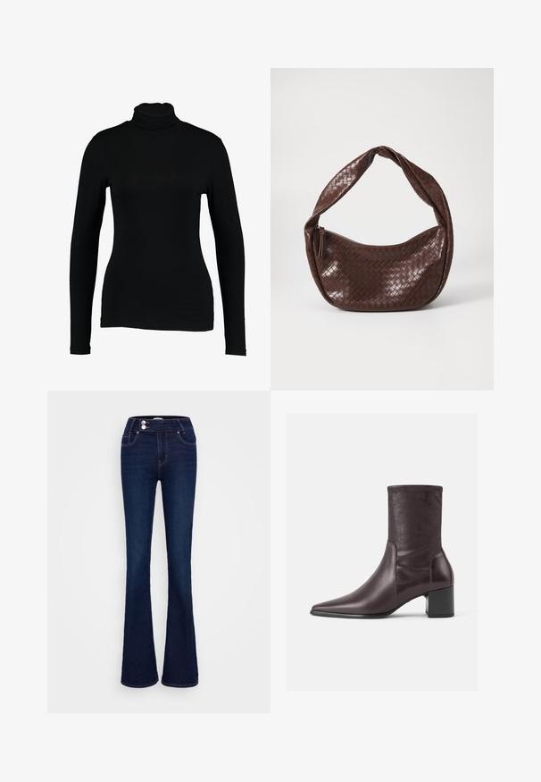 Zwart lange mouw turtleneck top van gladde stof, met een aansluitend ontwerp en hoge hals, geschikt voor layering of als standalone kleding.; Donkerblauwe uitlopende jeans met een hoge taille, twee voorzakken en twee knoopsluitingen. Gemaakt van denim met een zachte textuur.; Bordeaux enkellaarsjes van glad leer met een spitse neus en een blokhak. De schacht is slank en aansluitend, reikt tot halverwege de kuit.; Bruine geweven leren handtas met een gebogen, geknoopte hengsel en een ritsluiting. Glad oppervlak en ronde vorm.