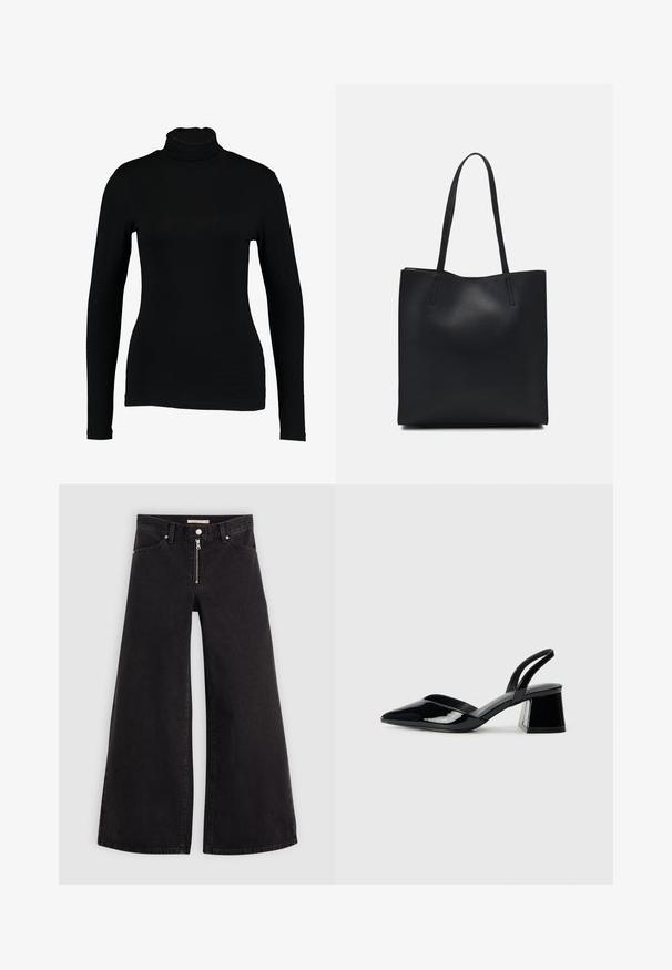 Top negru cu mânecă lungă și guler înalt, realizat dintr-un material neted, având un design ajustat, potrivit pentru purtarea în straturi sau ca piesă de sine stătătoare.; Jeans cu picioare largi din denim negru, cu fermoar în față, design cu cinci buzunare și detalii subtile de cusătură. Textură netedă și stil casual.; Pantofi cu toc slingback din piele lacuită neagră, cu vârf ascuțit și toc geometric. Prezintă un design elegant, minimalist și o textură netedă.; Geantă tote neagră din piele, cu textură netedă, formă rectangulară și două mânere lungi. Fără hardware vizibil sau ornamente.