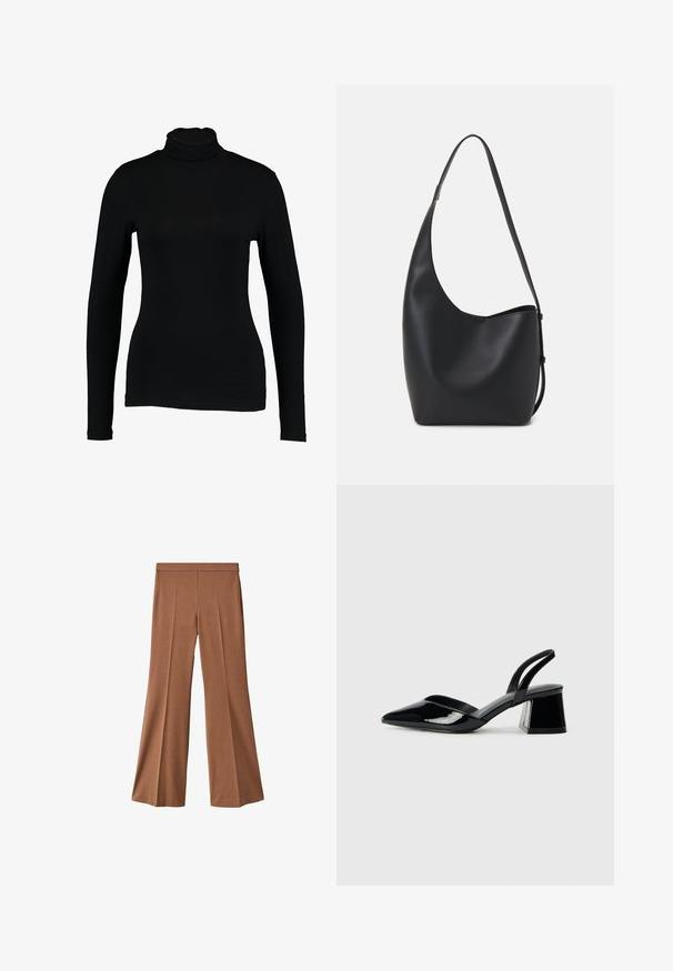 Top negro de manga larga con cuello alto hecho de tela suave, con un diseño ajustado y un cuello alto, adecuado para usar en capas o como prenda independiente.; Pantalones anchos marrones con una textura suave, que presentan una cintura alta, dos pliegues en la parte delantera y un corte recto hasta el dobladillo.; Zapatos de tacón slingback de charol negro con punta afilada y tacón geométrico en bloque. Presentan un diseño elegante y minimalista, así como una textura suave.; Bolso tipo hobo de cuero negro con una textura suave, forma curvada y una sola correa ajustable; presenta una amplia apertura en la parte superior.
