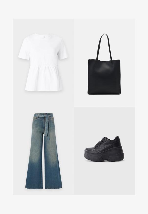 Fehér, rövid ujjú póló, amelynek az alja ráncolt, laza szabású és sima pamut anyagból készült. Egyszerű, kerek nyakkivágás.; Bőszárú farmernadrág, világos és sötétkék árnyalatokkal, magas derekú, övgyűrűkkel és a nadrággal megegyező anyagú övvel. Textúrált farmer kivitel.; Fekete fűzős sportcipők vastag talppal, sima bőrből készült felső résszel, kerek orral és jellegzetes, réteges platform dizájnnal.; Fekete bőrtáska sima felszínnel, téglalap alakú, két hosszú füllel. Nincs látható fémkiegészítő vagy díszítés.