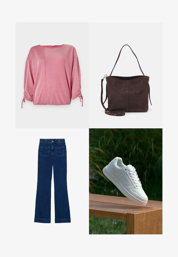 Blusa às riscas vermelha e branca com decote redondo, mangas a três quartos e detalhes com franzido elástico nas mangas. Textura de tecido suave.; Jeans flare em denim azul escuro com uma textura suave, design de cinco bolsos e fecho de botão na cintura.; Sapatilha branca com um cabedal sintético liso, caixa dos dedos perfurada, atacadores planos e uma sola texturizada, exposta sobre uma superfície de madeira.; Saco tote em camurça castanha com uma textura suave, apresentando uma única alça de ombro e uma abertura superior levemente curvada. Sem detalhes de hardware visíveis.