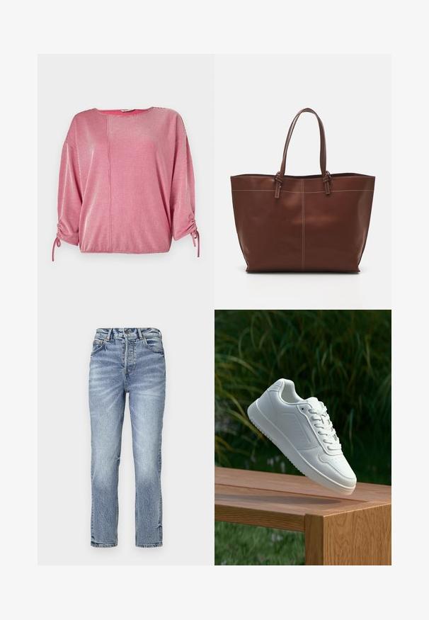Rød og hvitstripet topp med rund hals, trekvartlange ermer og elastiske detaljer med rynker på ermene. Glatt stoffstruktur.; Lys blå denim jeans med rett passform, høy midje, falmet tekstur og fem lommer. Har metallknapp og glidelås lukking.; Hvite sneakers med en glatt syntetisk overdel, perforert tåboks, flate snørebånd og en teksturert såle, vist på en treflate.; Brun lær tote bag med dobbelthåndtak, har kontraststing og en romslig design, egnet for daglig bruk.