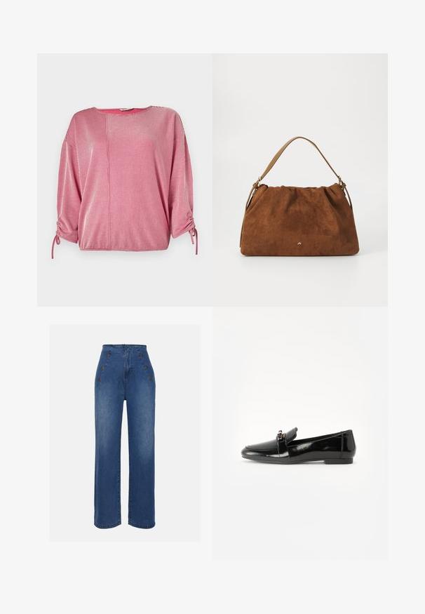 Raudonas ir baltas dryžuotas marškinėlis su apvaliu kaklu, trijų ketvirčių ilgumo rankovėmis ir elastingais raukšlėmis rankovėse. Lygi audinio tekstūra.; Aukštos liemens džinsai, vidutinio mėlynumo. Yra priekiniai mygtukų akcentai ir plati kojų forma. Audinys turi lygią tekstūrą su lengvu apdailos nusidėvėjimu.; Juodas patentuotas odinis loaferis su plokščiu padu, apvaliu pirštu ir dekoratyvine juostele su auksine akcentu. Lygus, blizgantis paviršius.; Ruda zomšos rankinė su susiraukšlėjimu, turinti vieną šviesiai rudos odos rankeną ir subtilų auksinį logotipo detalę priekyje.