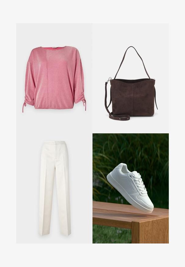 Rot- und weiß gestreiftes Oberteil mit rundem Halsausschnitt, dreiviertel Ärmeln und elastischen Raffdetails an den Ärmeln. Glatte Stofftextur.; Cremfarbene Hosen mit figurbetonter Passform, gerader Beine, glattem Stoff, vorderen Falten und sauberem Saum. Minimalistisches Design.; Weiße Sneaker mit einem glatten, synthetischen Obermaterial, perforierter Zehenbox, flachen Schnürsenkeln und einer strukturierten Sohle, präsentiert auf einer Holzoberfläche.; Braune Wildleder-Tasche mit weicher Textur, ausgestattet mit einem einzelnen Schulterriemen und einer dezenten, gewölbten Öffnung an der Oberseite. Keine sichtbaren Beschläge.