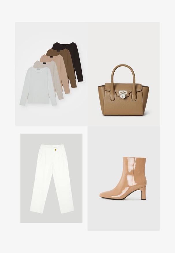 Viis pika varrukaga pluusi erinevates toonides: valge, beež, helepruun, tumepruun ja must. Igal on ümar kaelus ja pehme tekstuur.; Valged, laiad püksid, mis on valmistatud siledast kangast. Omavad ühte kollast nööbi kinnitust ja volditud esid. Nähtavaid taskuid ei ole.; Naha patendi ankle boots, mille terav varvas, läikiv pind ja keskmise kõrgusega plokknina. Sile tekstuur ja stiilne siluett.; Lauren Ralph Lauren PEBBLED LEATHER SMALL TANNER SATCHEL - Käekott - camel