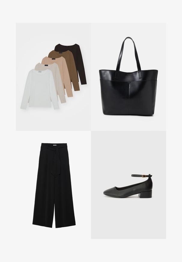 Fünf langärmlige Oberteile in unterschiedlichen Farbtönen: weiß, beige, hellbraun, dunkelbraun und schwarz. Jedes hat einen runden Halsausschnitt und eine weiche Textur.; Schwarze weite Hosen aus strukturiertem Stoff, mit elastischem Bund und einem abnehmbaren Bindegürtel in der Taille für eine verstellbare Passform.; Schwarze Lederpumps mit spitzem Zehenbereich und niedrigem Blockabsatz. Mit einem Knöchelriemen und einer goldfarbenen Schnalle. Glatte Textur.; Schwarze Leder-Shopper-Tasche mit zwei langen Griffen, einer glatten Textur und einer strukturierten Form. Verfügt über eine Vordertasche für zusätzlichen Stauraum.