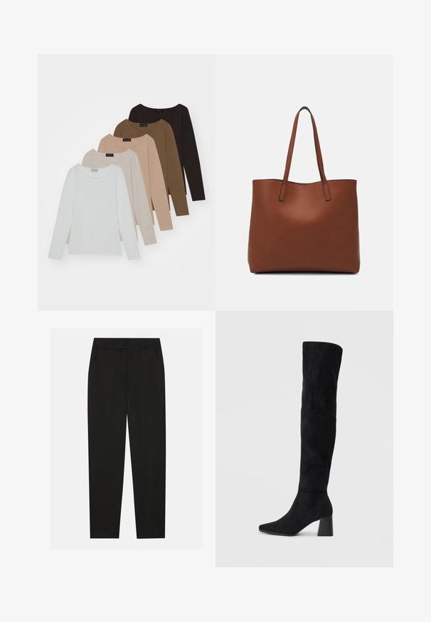 Penki ilgomis rankovėmis marškiniai skirtingų atspalvių: balta, smėlinė, šviesiai ruda, tamsiai ruda ir juoda. Kiekvienas marškinys turi apvalų iškirpimą ir minkštą tekstūrą.; Juodos kelnes su pritaikytu dizainu, turinčios šonines kišenes ir tiesią koją. Pagamintos iš lygaus, lengvo audinio su blizgiu paviršiumi.; Juoda zomšinė kelio ilgio batai su blokuotu kulnu, smailiu nosiu ir lygiu, be siūlių dizainu ant paprastos šviesios fono.; Ruda odinė priekabų krepšys su glotnia tekstūra, atviru viršumi ir dviem petnešomis. Su minimalia siuvimo detalėmis ir nematoma aparatūra.