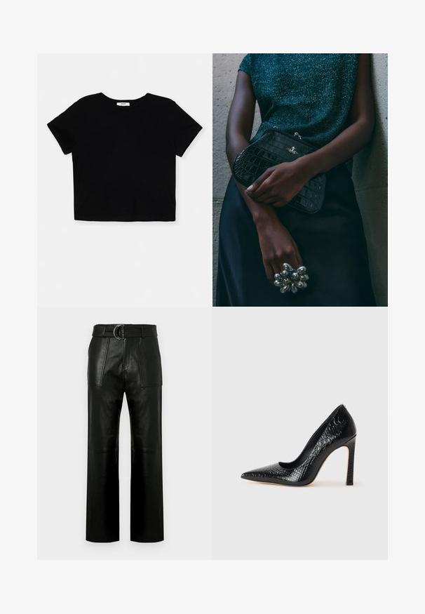 Juoda trumpa medvilninė marškinėliai, pagaminti iš minkštos medvilnės, turi trumpas rankoves, apvalų iškirpimą ir švarų apdailą be dekoracijų.; Juodas odinis marškiniai su mygtukais priekyje, smailiu apykakle ir dviem krūtinės kišenėmis. Išsiskiria laisvu siluetu ir glotnia tekstūra.; Aukštos juosmens juodos odinės kelnės su plačiomis kojomis, dideliais priekiniais kišenėmis ir atitinkamu diržu su dvigubu žiedu.; Juoda smailiakulnė aukšto kulno bateliai su krokodilo odos tekstūra, pasižymintys elegantišku dizainu, aukštu stiletu kulnu ir lygia juoda vidine dalimi.; Juodas krokodilo odos rašto vakarėlis su sidabriniais aksesuarais, laikomas prieš tekstūruotą pilką foną. Pasižymi blizgiu paviršiumi.