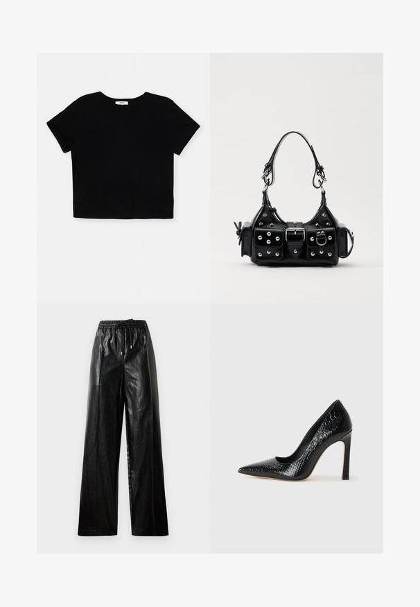 Čierne skrátené tričko vyrobené z mäkkej bavlny, má krátke rukávy, okrúhly výstrih a čistý lem bez ozdôb.; Čierne kožené nohavice so širokými nohavicami, elastickým pásom, sťahovacou šnúrkou a zlatými kovovými doplnkami. Hladká textúra a voľný strih.; Čierna lodička s špicatou špičkou a lakovanou textúrou krokodíla, s elegantným dizajnom, vysokým stiletto podpätkom a hladkým čiernym interiérom.; Čierna kožená kabelka s zakriveným dizajnom, doplnená striebornými cvočkami, prackou a dvoma bočnými vreckami. Nastaviteľný popruh poskytuje rôzne možnosti nosenia.