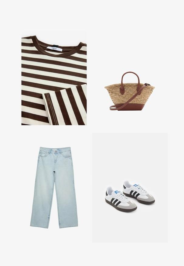 Smeđa i krem prugasta majica s okruglim izrezom, od pamučnog materijala, s suptilnim detaljima šivanja i oznakom "next" na izrezu.; Svijetloplave široke traperice s visokim strukom, s pet džepova i suptilnim izblijeđenjem. Ravnog kroja s obrubljenim rubovima.; Sportske cipele s gornjištem od bijele kože, sivi suedinasti nos i tri crne pruge. Imaju plavi logo na jeziku i teksturiranu gumenu podlogu.; Woven straw basket torba s smešnim kožnim detaljima, dva ručka i odvojivim remenom. Savijen oblik s čvrstim dnom.