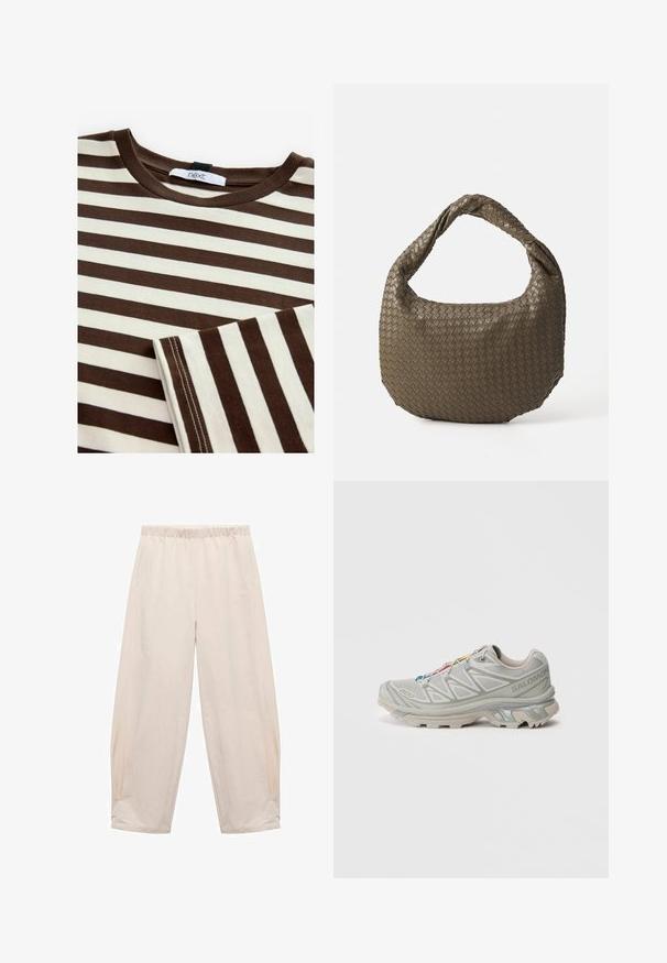 Brązowa i kremowa koszulka w paski z okrągłym dekoltem, wykonana z bawełny, z delikatnymi przeszyciami i metką "next" przy dekolcie.; Spodnie z elastycznym paskiem w jasnym beżu. Wykonane z miękkiego materiału, z bocznymi kieszeniami oraz luźnym, swobodnym krojem. Zwężane przy kostce.; Jasnoszary but sportowy z teksturowaną siateczką, z refleksyjnymi akcentami, wyraźnym bieżnikiem i kolorowymi sznurówkami. Posiada wspierającą konstrukcję.; Woven oliwkowa torebka o zaokrąglonym kształcie i skręconym uchwycie. Teksturowana powierzchnia zdobiona jest diagonalnym wzorem. Zamek błyskawiczny.