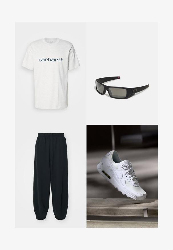 Carhartt WIP SCRIPT - Triko s potiskem - ash heather/duck blue; Černé teplákové kalhoty s elastickým pasem, volným střihem, manžetami na kotnících, hladkým povrchem a bez viditelných vzorů či kovových detailů.; Bílé tenisky Nike Air Max 90 s vrchním materiálem z textilu a kůže, perforovanou špičkou a viditelnou vzduchovou jednotkou v patě.; Černé sluneční brýle s matným povrchem, obdélníkové čočky, mírná křivka na spáncích, nenápadný detail loga a čočky s kouřovým zabarvením.