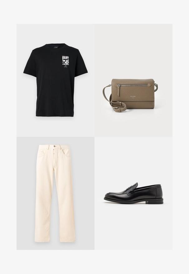 Black cotton T-shirt with short sleeves, featuring a white graphic print with text and skulls on the left chest. Classic crew neck design.; Light beige denim jeans with a straight-leg design, five pockets, and a front button closure. Stitching visible along seams.; Black leather loafers with a smooth texture, rounded toe, and a decorative strap across the vamp. Low stacked heel, minimalist design.; Taupe leather crossbody bag with a zippered front pocket, adjustable strap, pebble texture, and embossed logo on the front.