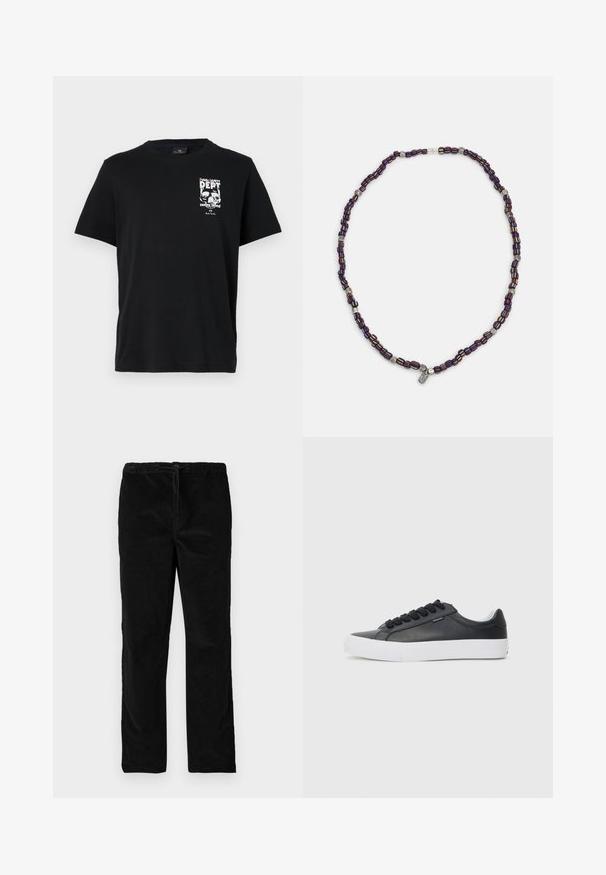 Black cotton T-shirt with short sleeves, featuring a white graphic print with text and skulls on the left chest. Classic crew neck design.; Black straight-leg velvet pants with elastic waistband and front drawstring, displayed against a plain white background.; Black leather sneaker with white rubber sole, round toe, and black laces, featuring a smooth texture and minimalistic design.; Multicolored beaded necklace with dark blue, red, and yellow beads, interspersed with silver accents and a dangling charm.