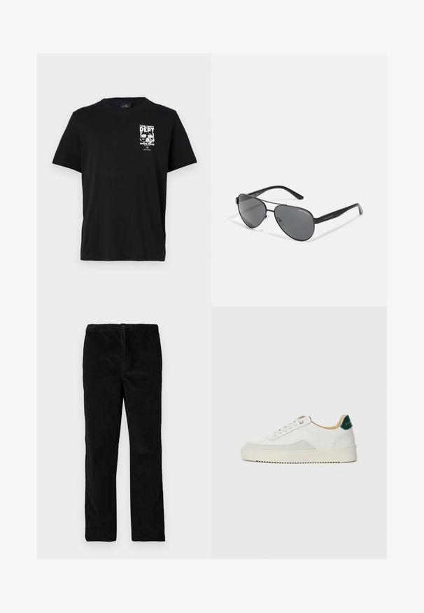Sorte bomulls T-skjorte med korte ermer, med et hvitt grafisk trykk med tekst og hodeskaller på venstre bryst. Klassisk rund halsdesign.; Sorte rette fløyelsbukser med elastisk midjebånd og frontstramming, vist mot en enkel hvit bakgrunn.; Hvit sneakers med semsket detaljer, rund tå, flate snøringer og en kremfarget gummisåle. Har grønn merking på hælen.; Svarte pilotbriller med mørke linser, tynn metallramme og slanke plastarmer med logo aksenter.