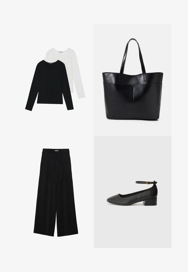 Dvě dlouhé rukávy, jedna černá a jedna bílá, obě s čtvercovým výstřihem a vyrobené z měkké a elastické látky.; Černé kalhoty s širokými nohavicemi, vyrobené z texturované tkaniny, s elastickým pasem a odnímatelným páskem na úpravu velikosti.; Černé kožené lodičky s špičatou špičkou a nízkým blokovým podpatkem. Obsahují pásek kolem kotníku se zlatou sponou. Hladký povrch.; Černá kožená taška s dlouhými ušima, hladkým povrchem a strukturovaným tvarem. Obsahuje přední kapsu pro další úložný prostor.