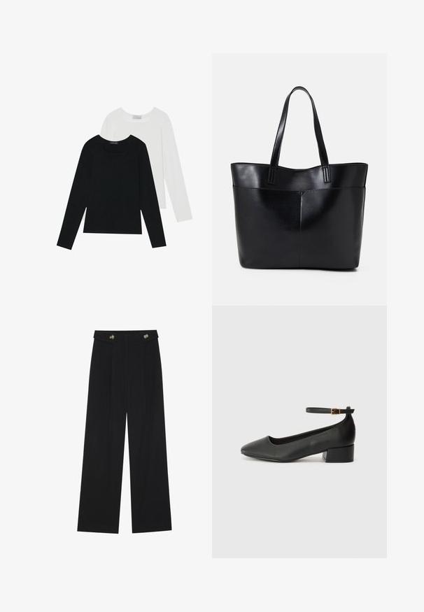 Zwei Langarmoberteile, eines schwarz und eines weiß, beide mit einem quadratischen Ausschnitt und aus weichem, dehnbarem Stoff.; Schwarze weite Hosen mit hoher Taille, Knopfdetails am Bund und vorderen Falten.; Schwarze Lederpumps mit spitzem Zehenbereich und niedrigem Blockabsatz. Mit einem Knöchelriemen und einer goldfarbenen Schnalle. Glatte Textur.; Schwarze Leder-Shopper-Tasche mit zwei langen Griffen, einer glatten Textur und einer strukturierten Form. Verfügt über eine Vordertasche für zusätzlichen Stauraum.