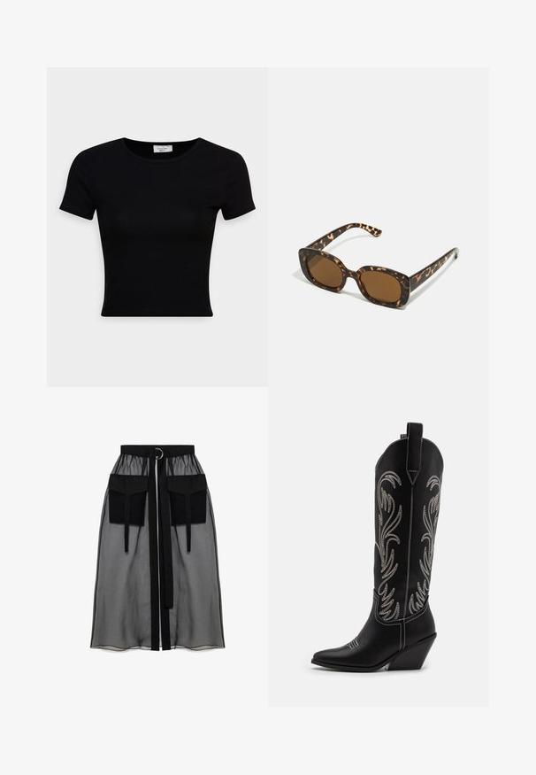 Sort kortærmet t-shirt lavet af glat bomuldsstof, med rund halsudskæring og en tætsiddende pasform. Minimalistisk uden synlige mønstre.; Sort gennemsigtig nederdel med en rynket talje, der har to store forlommer, et taljebånd og en cirkulær metaldetalje.; Sorte læder cowboystøvler med spidse tæer, kilehæle og sølv broderede blomster mønstre langs skaftet. Kontrast syning overalt.; Skildpadde-solbriller med en rund, kraftig ramme og brune linser. Har subtile mønstre og lige, afsmalnende stænger.