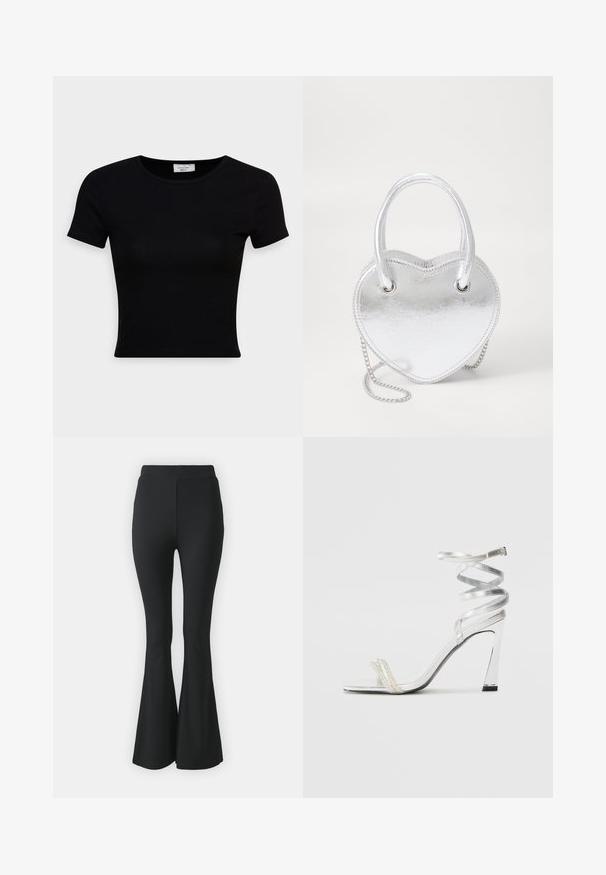 Čierne tričko s krátkym rukávom vyrobené z hladkej bavlnenej tkaniny, s okrúhlym výstrihom a priliehavým strihom. Minimalistické, bez viditeľných vzorov.; Čierne rozšírené nohavice vyrobené z elastického materiálu. S vysokým pásom a hladkým, priliehavým strihom, ktorý sa rozširuje od kolena nadol.; Strieborné sandále na vyššej päte so lesklým dizajnom remienka, ktorého súčasťou je perlový akcent a spirálový remienok na členku pre bezpečné uchytenie.; Strieborná metalická kabelka v tvare srdca s dvojitými uchami, reťazovým popruhom a hladkým povrchom. Má kovové hardvérové prvky a prešívané okraje.