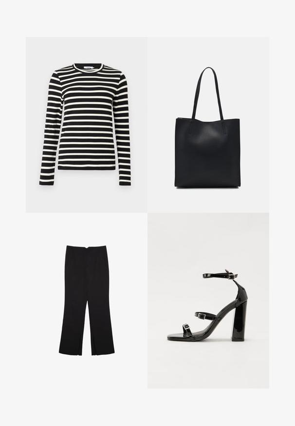 Maglietta a maniche lunghe a righe bianco e nere con scollo rotondo, realizzata in tessuto morbido, caratterizzata da righe orizzontali uniformi e una vestibilità standard.; Pantaloni neri a gamba dritta, con tasche frontali e spacchi laterali all'orlo. Realizzati in tessuto morbido e liscio. Adatti a diverse occasioni.; Sandali con tacco in vernice nera, con punta squadrata, cinturini alla caviglia e fibbie in argento. Presentano un tacco a blocco spesso per maggiore stabilità.; Borsa tote in pelle nera con texture liscia, forma rettangolare e due manici lunghi. Nessun hardware o decorazione visibile.