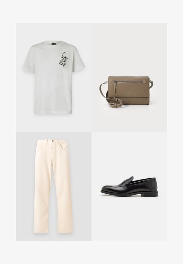 Valge puuvillane T-särk ümmarguse kaelusega ja lühikeste varrukatega. Vasakule rinnaosale on trükitud must kunstiteos.; Heledbeez džinsid, sirge jala kujundusega, viie taskuga ja ees nupuga sulgemine. Ümber õmbluste on nähtavad õmblused.; Mustad mustad nahast loafers sileda tekstuuriga, ümarat ninaosa ja dekoratiivne riba vampi üle. Madal kihiline konts, minimalistlik disain.; Kohvase naha ületõmmatav kott, millel on lukuga esikott, reguleeritav rihm, kivitextuur ja esiküljel embosseeritud logo.