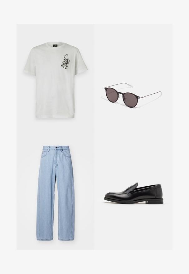 Biała koszulka z bawełny z okrągłym dekoltem i krótkimi rękawami. Posiada czarny wzór graficzny na lewej piersi.; Jasnoniebieskie dżinsy o szerokim kroju, z przodu posiadające kieszenie, z zapięciem na guzik oraz z detalami w postaci przeszyć wzdłuż szwów.; Czarne skórzane mokasyny o gładkiej fakturze, zaokrąglonym nosku i dekoracyjnym pasku na przodzie. Niski, warstwowy obcas, minimalistyczny design.; Czarne okrągłe okulary przeciwsłoneczne z ciemnymi soczewkami i smukłymi metalowymi ramkami. Zawierają przezroczyste końcówki zauszników oraz srebrne akcenty przy zawiasie. Minimalistyczny design.