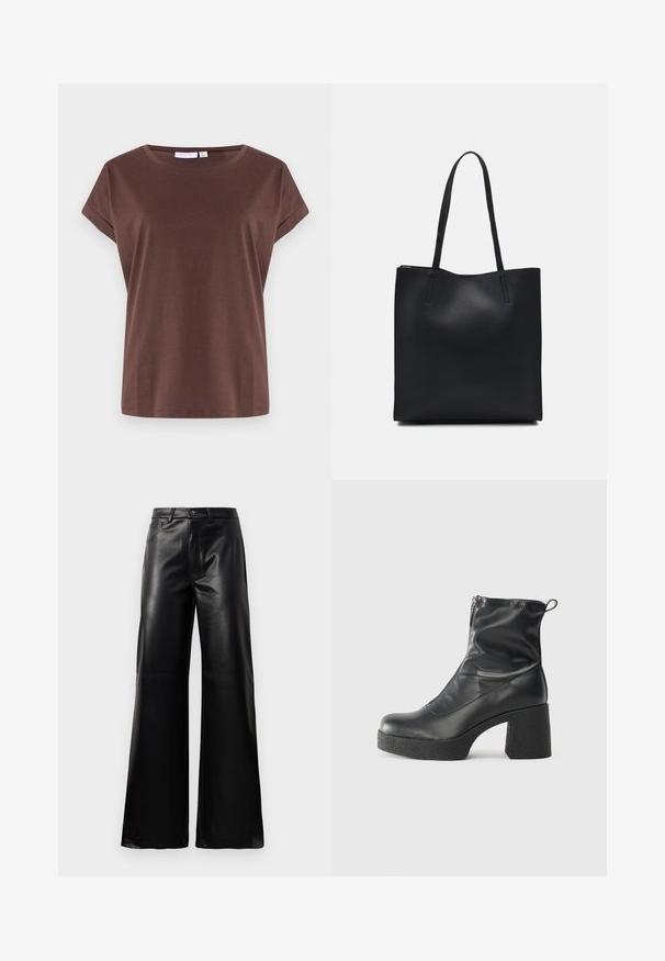 Brown short-sleeve T-shirt made of soft fabric, featuring a round neckline and a relaxed fit. Simple design with no visible patterns or accents.; Black high-waist wide-leg faux leather pants with front button, zip closure, belt loops, and side pockets on white background.; Black ankle boots made of smooth leather, featuring a side zipper, chunky textured heel, and rounded toe design.; Black leather tote bag with smooth texture, rectangular shape, and two long handles. No visible hardware or embellishments.