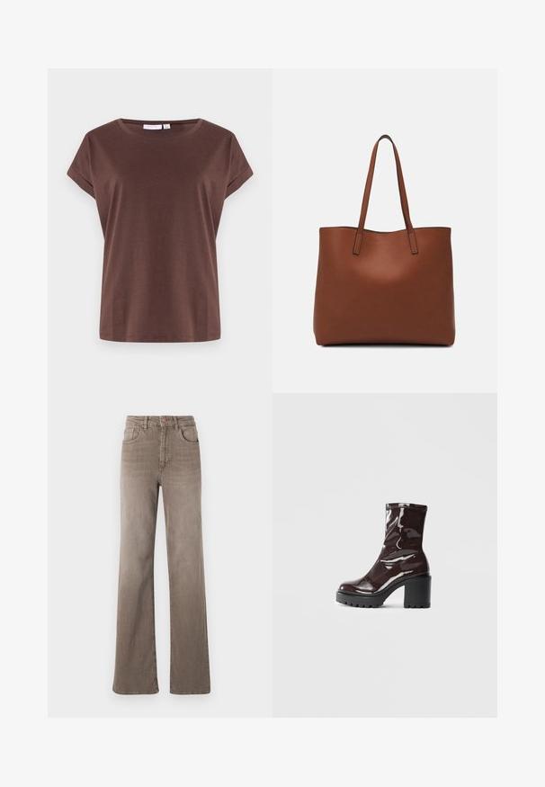 Rjav kratka majica s kratkimi rokavi, izdelana iz mehkega materiala, z okroglo izrezom in sproščenim krojem. Preprost dizajn brez vidnih vzorcev ali akcentov.; Rjavi visoki naramnice z ravnimi hlačnicami in sprednjim gumbom, z zanko za pas in klasičnim petim žepnim dizajnom na beli podlagi.; Sijajan škrlatank z bleščečim videzom, z masivnim črnim peto, ki se ponaša z gladko teksturo in preprostim dizajnom. Brez vidnih zapenjal ali vzorcev.; Rjava usnjena torba z gladko teksturo, odprto zasnovo zgoraj in dvema naramnima trakovoma. Opremljena je z minimalnim šivanjem in brez vidnih kovinskih delov.