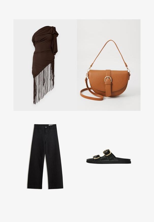 Faithfull the brand BODIL - Top - chocolate brown; Sorte wide-leg denim bukser med høj talje, der har front- og baglommer, syede sømme og en knaplukning. Glat tekstur.; Sort skridsandal med to guldspænder, glat tekstureret materiale, flad sål og et minimalistisk design.; Brun læder crossbody taske med en buet form, guldfarvet hardware og en spændeaccent. Har en aftagelig skulderrem.