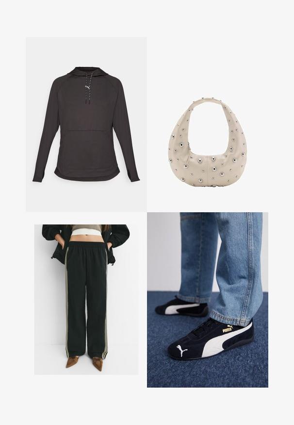 Felpa con cappuccio nera a maniche lunghe realizzata in materiale leggero, con tasca a marsupio frontale e cappuccio con lacci e dettagli a contrasto.; Pantaloni jogger neri, larghi, con vita elastica e tasche laterali, caratterizzati da strisce a contrasto di un beige chiaro lungo le gambe.; Sneaker in suede nera con dettagli bianchi, dotate di un logo dorato. Indossate con jeans di denim azzurro e posizionate su una superficie blu testurizzata.; Borsa in pelle beige a forma di hobo, con borchie in metallo argentato di varie dimensioni sulla superficie esterna e una chiusura zip a contrasto.