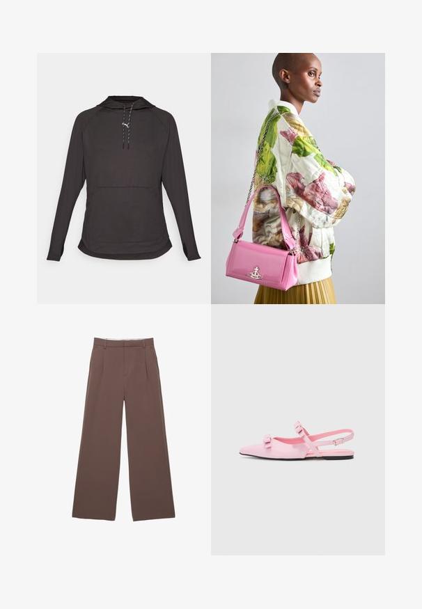 Zwarte lange mouw hoodie sweatshirt van lichtgewicht materiaal, met een voorzak en een capuchon met trekkoord en contrasterende accenten.; Wijde broek in een effen bruine stof, met een zachte textuur, voorplooien en een op maat gemaakte tailleband. Geen zichtbare logo's of patronen.; Roze, platte slingback schoenen met een spitse neus en twee decoratieve strikken. Glad synthetisch materiaal, minimalistisch ontwerp en een dunne enkelband.; Gequilted bloemen bomberjack in groen, roze en beige; gecombineerd met een glanzende roze handtas met een kettingriem en logo hardware.