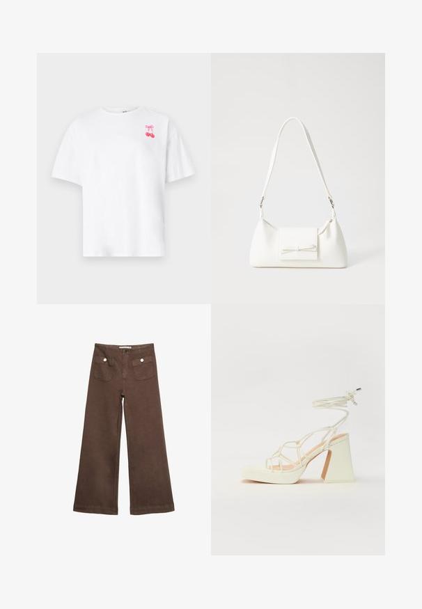 Bela bomba majica z okroglim izrezom, kratkimi rokavi, z rožnatim grafičnim motivom češnje z mašno na levi strani prsnega koša.; Svetlo rjave široke hlače iz bombaža, ki vključujejo dva sprednja žepa s srebrnimi gumbi in gladko teksturo.; Bela sandala na visokih petah s debelim petam, ki ima obliko trakcev in vezanje okoli gležnja. Gladka tekstura z platformo spredaj za dodatno višino.; Bela sintetična torbica v obliki trikotnika, z ravnim sprednjim poklopcem in detajlom mašne, nastavljivim trakom, gladko teksturo in minimalističnim dizajnom.