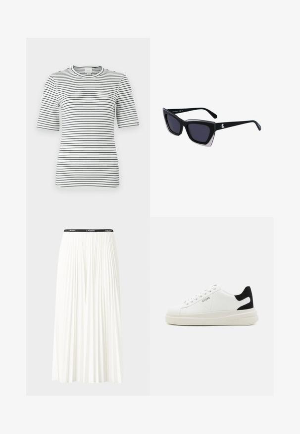 Pasma t-shirt s kratkimi rokavi v beli in temno modri barvi. Ima okroglo ovratnik in mehko, elastično tkanino z vodoravnimi črtami po celotnem izdelku.; Gubasta bela krila z črnim elastičnim pasom, ki nosi logotip "LACOSTE". Srednje dolga zasnova z mehkobo tkanine.; Bele usnjene športne copate z debelim belim podplatom, črnimi semišnimi detajli na peti in utisnjenim logotipom na strani. Zavezovanje s šestimi luknjicami.; Črne prevelike sončne očala geometrijske oblike, z temnimi lečami in kontrastno sivo podrobnostjo na okvirju. Logo na ročaju.
