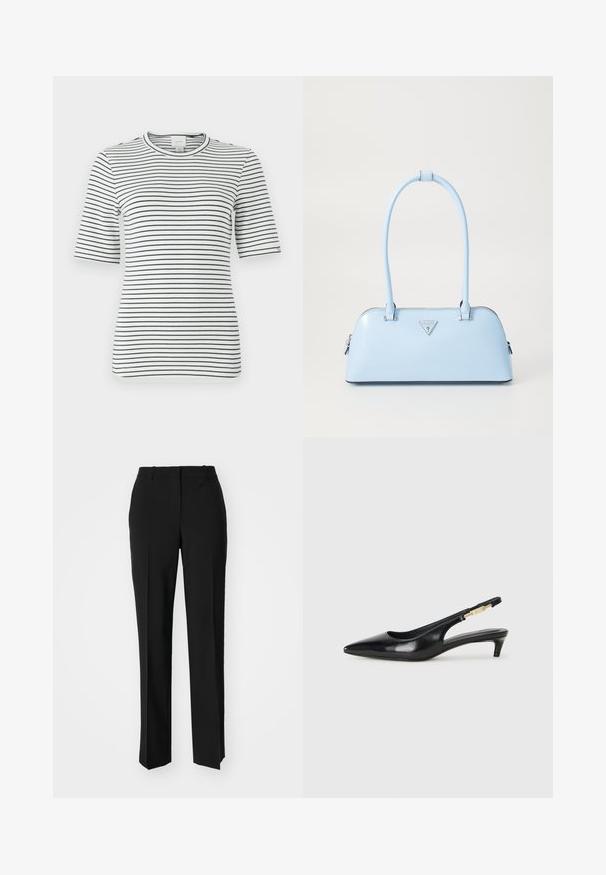 Tricou cu mânecă scurtă, în dungi, de culoare albă și albastru navy. Are guler rotund și un material moale, elastic, cu dungi orizontale pe toată suprafața.; Pantaloni negri tailor-ed cu un design drept, având o textură fină și cute clare pe față. Fără elemente de prindere vizibile.; Sandale slingback din piele neagră cu vârf ascuțit, având un toc subțire și un accent de culoare aurie pe curea ajustabilă. Textură netedă.; Geantă de mână bleu deschis, cu o formă structurată, din piele netedă, două mânere și un logo de brand triunghiular pe față. Închidere cu fermoar.
