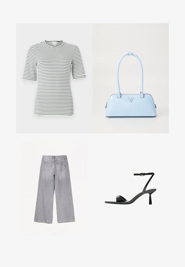 Csíkos, rövid ujjú póló, fehér és sötétkék színekben. Kerek nyakú, puha és rugalmas anyagból készült, az anyagon vízszintes csíkok találhatóak.; Bershka WIDE-LEG - Széles szárú - grey; Bershka Magas sarkú szandálok - black; Világoskék kézitáska, amelynek strukturált formája van, sima bőrből készült, két füllel rendelkezik, és az elején egy háromszögletű márkatrófea található. Cipzáras záródás.