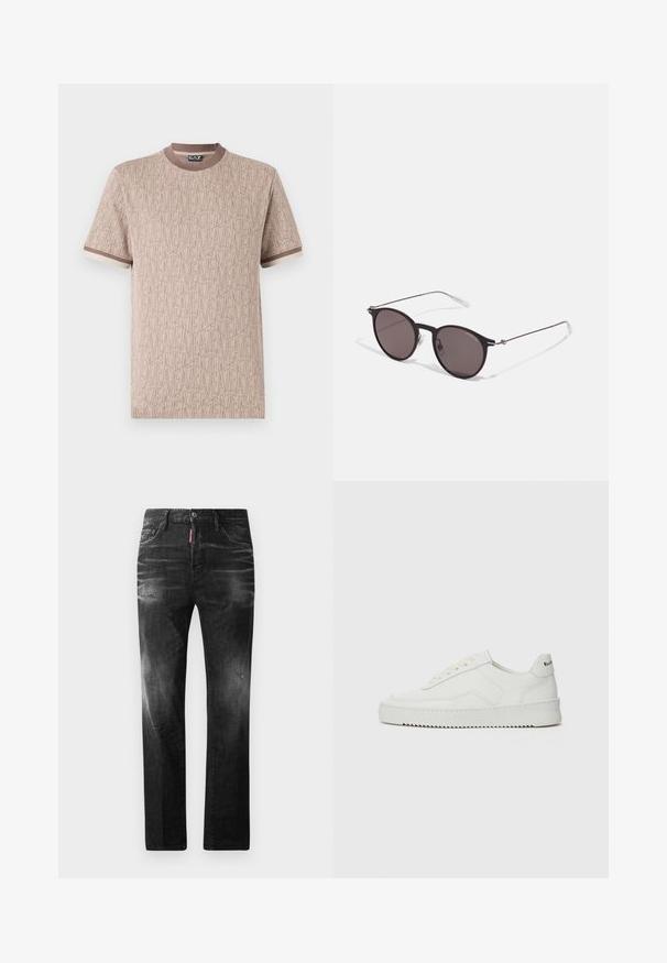 Camiseta de manga corta en beige claro con un patrón texturizado de logotipos "EAZ", cuello redondo y ribetes en marrón oscuro en las mangas y el collar.; Jeans de mezclilla negra con un corte recto. Presentan áreas desgastadas, un ligero desgasto, diseño clásico de cinco bolsillos y cierre de botón.; Zapatilla de cuero blanca con un acabado suave, puntera redonda, cordones planos y suela texturizada. Cuenta con un sutil logo en el talón.; Gafas de sol redondas negras con lentes oscuros y brazos metálicos delgados. Incluye puntas de varilla transparentes y acentos plateados en la bisagra. Diseño minimalista.