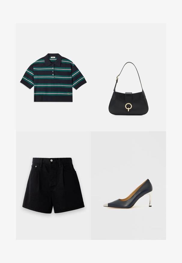 Námořnická pruhovaná polokošile s krátkým rukávem, s tyrkysovými, bílými a šedými pruhy. Tři knoflíky a logo na lemu.; Černé džínové šortky s rovnými nohavicemi, se zapínáním na knoflík, dvěma předními kapsami a měkkou, texturovanou tkaninou.; Tmavě modrá kožená lodička na vysokém podpatku s špičatou špičkou, zdobená stříbrným kovovým zakončením a lesklým stříbrným jehlovým podpatkem.; Černá kožená kabelka s zakřiveným siluetou, krátkým popruhem, centrálním zlatým kováním a hladkým povrchem. Bez viditelných vzorů nebo akcentů.