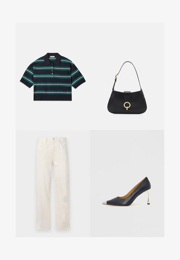 Jūrų stiliaus polo marškiniai su trumpomis rankovėmis, puikuojantys melsvais, baltais ir pilkais dryžiais. Trys mygtukų priekinis užsegimas ir logotipo detalė ant apačios.; Šviesiai kreminiai tiesaus kirpimo džinsai su penkiomis kišenėmis, diržo kilpelėmis ir mygtuko bei užtrauktuko uždarymu juosmens srityje.; Tamsiai mėlynas odinis aukštakulnis batelis su smailiu priekiu, puoštas sidabrine metaline apsauga ir blizgiu sidabriniu stiletto kulnu.; Juoda odinė rankinė su kreiva siluetu, trumpa rankena, centriniu auksinės spalvos apdailos elementu ir lygiomis tekstūromis. Nėra matomų raštų ar akcentų.
